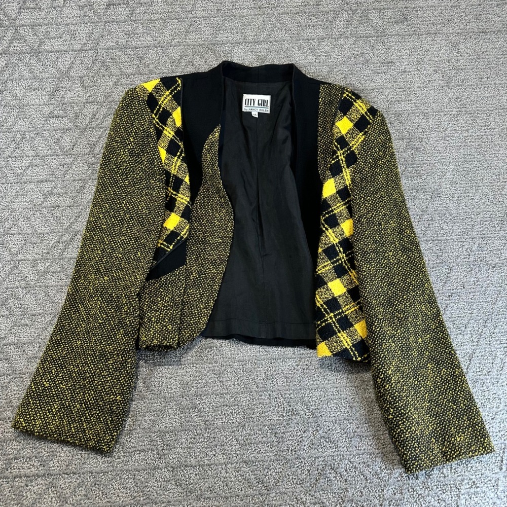 City Girl Nancy‎ Bolen Womens Blazer Jacket 14 Black Yellow Plaid Tweed Cropped